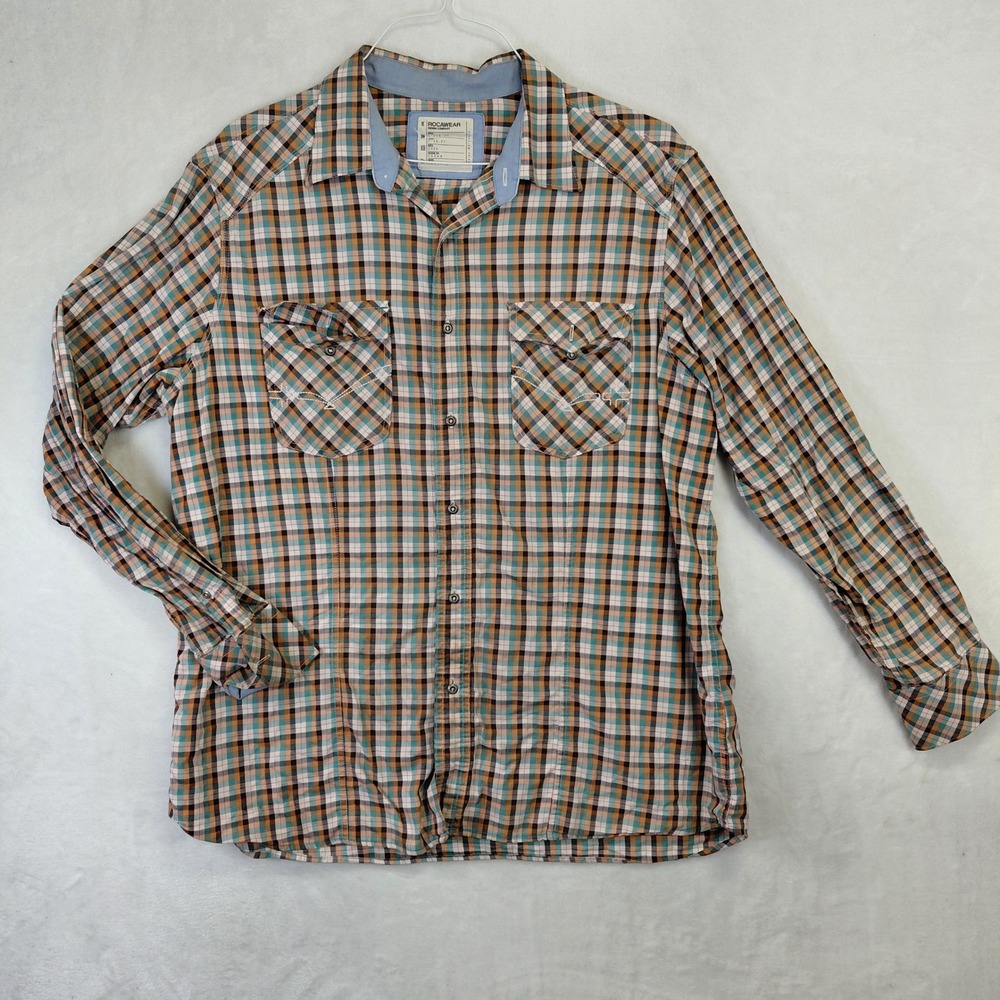 Rocawear Mens 2XL Plaid Button Down Shirt Teal Orange Long Sleeve Urban Y2K 2XL